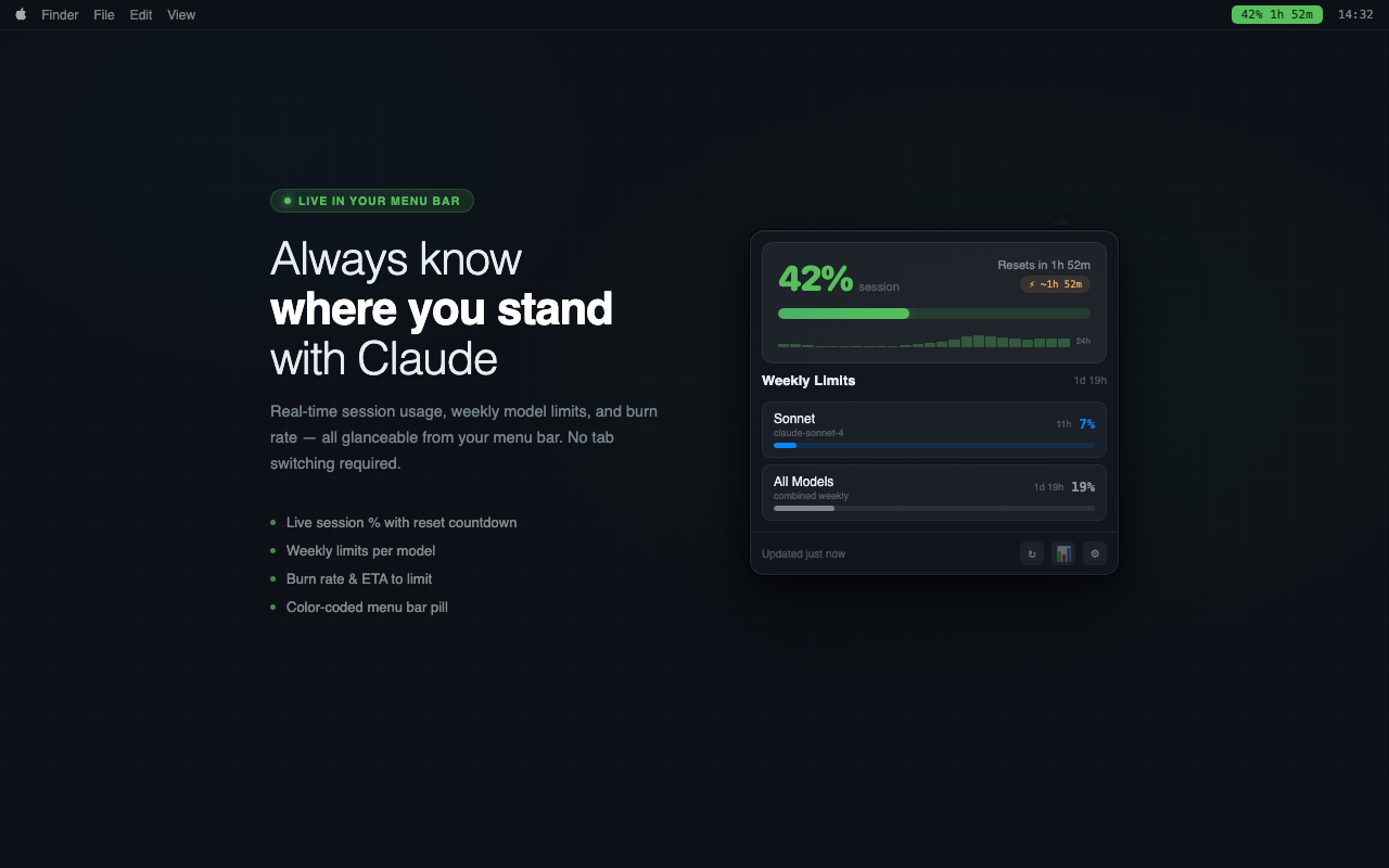 TokenWatch main dashboard — session gauge and weekly limits