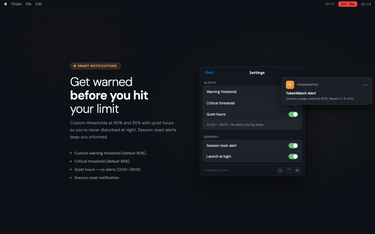 TokenWatch smart alerts — customizable thresholds and quiet hours